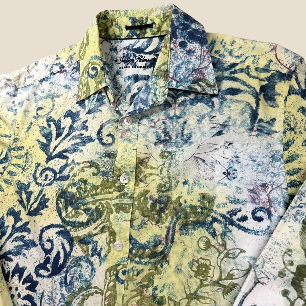 Indigo Palms Button Up Shirt Mens M Multicolor Floral Paisley Cotton Art Print
